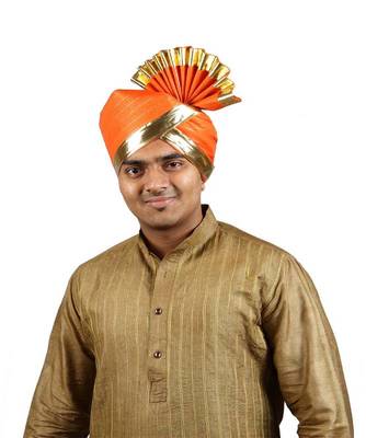 Ekolhapuri Orange Jari Lining With Broad Plain Golden Border Polyester Pheta (Turban) 1