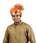 Ekolhapuri Orange Jari Lining With Broad Plain Golden Border Polyester Pheta (Turban)