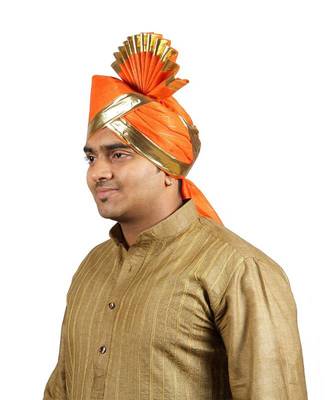 Ekolhapuri Orange Jari Lining With Broad Plain Golden Border Polyester Pheta (Turban) 2