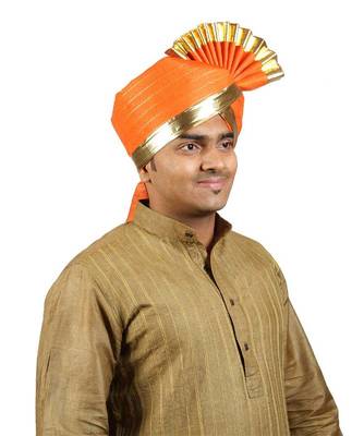 Ekolhapuri Orange Jari Lining With Broad Plain Golden Border Polyester Pheta (Turban) 3