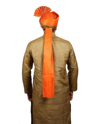 Ekolhapuri Orange Jari Lining With Broad Plain Golden Border Polyester Pheta (Turban) 4