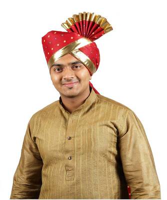 Ekolhapuri Maroon Bandhani Print With Broad Plain Golden Border Polyester Pheta (Turban) 1
