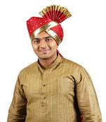 Ekolhapuri Maroon Bandhani Print With Broad Plain Golden Border Polyester Pheta (Turban)