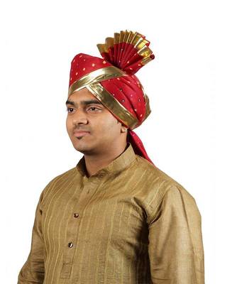 Ekolhapuri Maroon Bandhani Print With Broad Plain Golden Border Polyester Pheta (Turban) 2