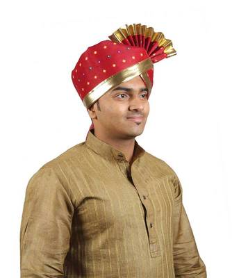 Ekolhapuri Maroon Bandhani Print With Broad Plain Golden Border Polyester Pheta (Turban) 3