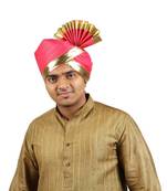 Ekolhapuri Fuchsia Jari Lining With Broad Plain Golden Border Polyester Pheta (Turban)