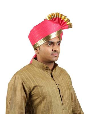 Ekolhapuri Fuchsia Jari Lining With Broad Plain Golden Border Polyester Pheta (Turban) 3