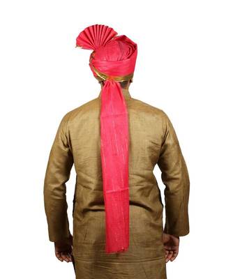Ekolhapuri Fuchsia Jari Lining With Broad Plain Golden Border Polyester Pheta (Turban) 4