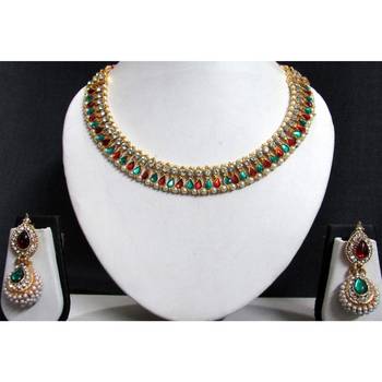 Maroon Green Stone gota necklace set 1