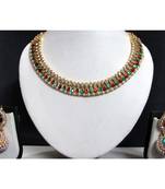 Maroon Green Stone gota necklace set