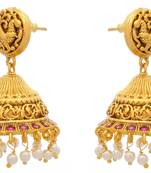 Tantalizing Temple Jewellery Gold Designer Jhumka with Semi Precious Ruby Stones