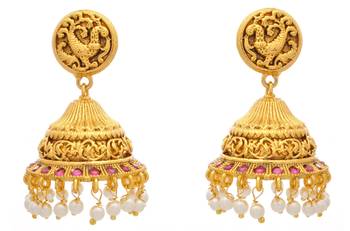 Tantalizing Temple Jewellery Gold Designer Jhumka with Semi Precious Ruby Stones 2