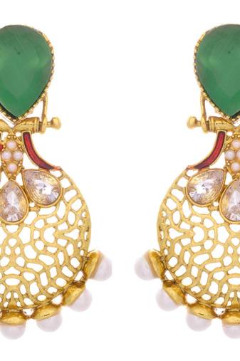 Beautiful Green Gold Earrings with American Dimaond, Pearls n Intricate Jali Work