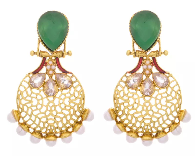 Beautiful Green Gold Earrings with American Dimaond, Pearls n Intricate Jali Work