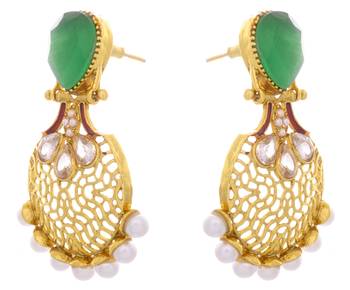 Beautiful Green Gold Earrings with American Dimaond, Pearls n Intricate Jali Work 2