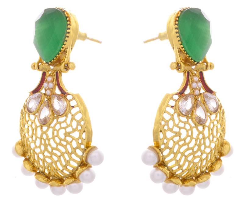 Beautiful Green Gold Earrings with American Dimaond, Pearls n Intricate Jali Work