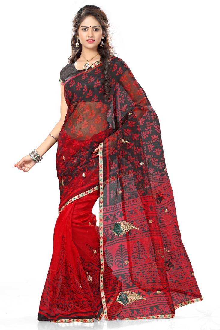 Red and Black printed net saree with blouse