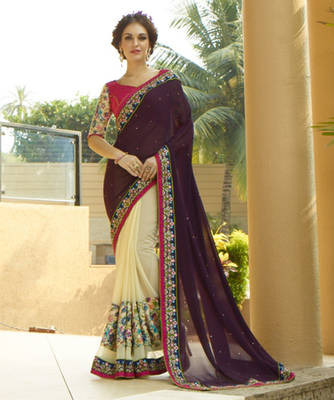 Purple and Beige embroidered georgette saree with blouse 1