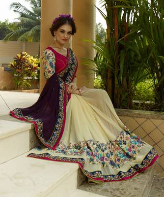 Purple and Beige embroidered georgette saree with blouse 2