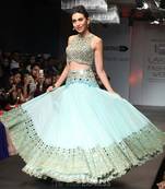 Karishma Kapoor in Aqua Blue Color Mirror Work Bollywood Style Georgette Lehenga