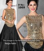 Nargis Fakhri in Black Color Mirror Work Gown Style Lehenga