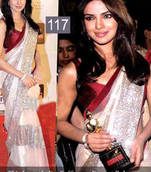 White and Red embroidered Net saree with blouse