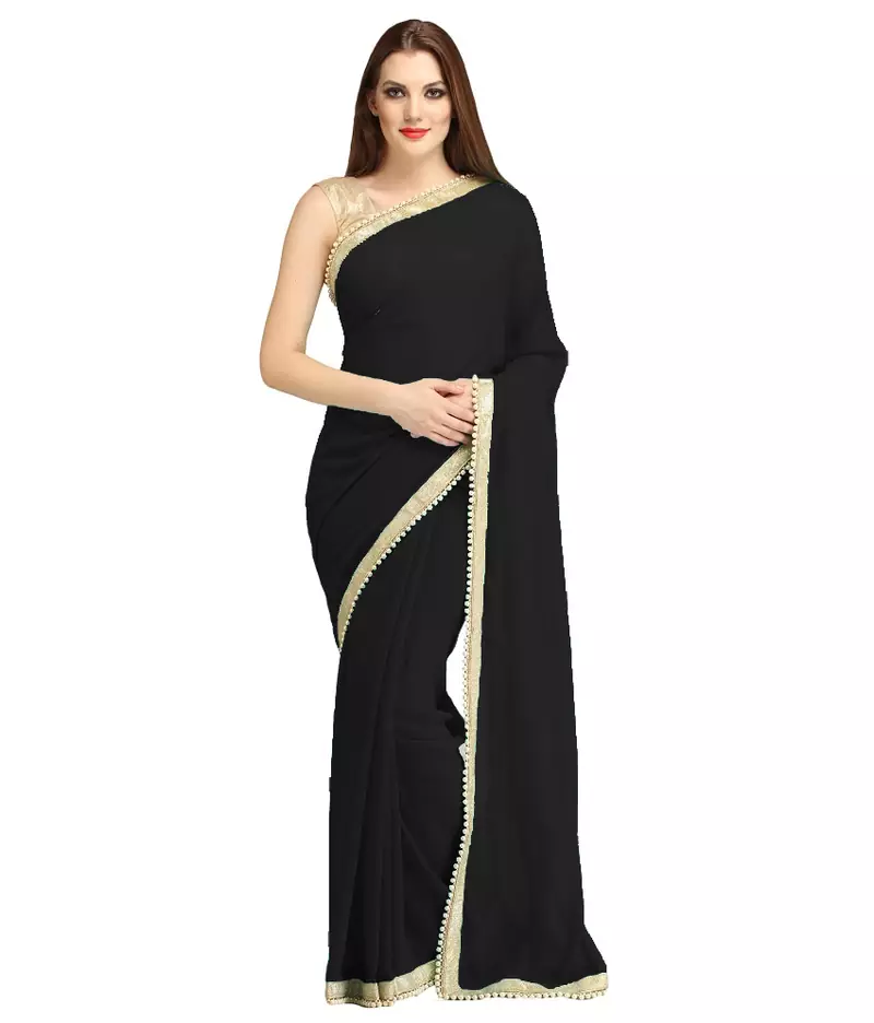 Black plain brocade saree with blouse