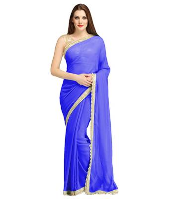 Blue Plain Brocade Saree With Blouse 1