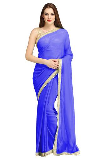 Blue plain brocade saree with blouse