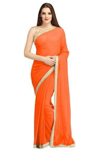 Orange Plain Brocade Saree With Blouse