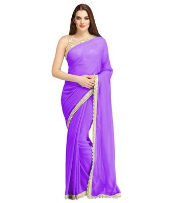 Purple Plain Brocade Saree With Blouse 1