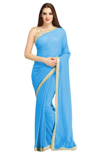  sky blue plain brocade saree with blouse