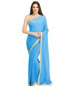  sky blue plain brocade saree with blouse
