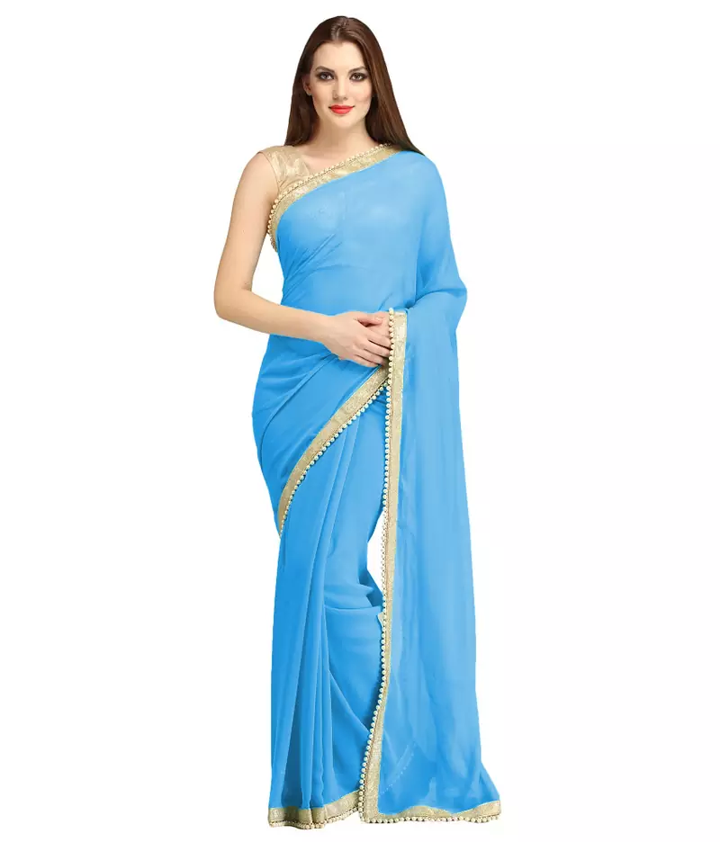  sky blue plain brocade saree with blouse