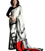 White and Black printed art crape Saree with blouse