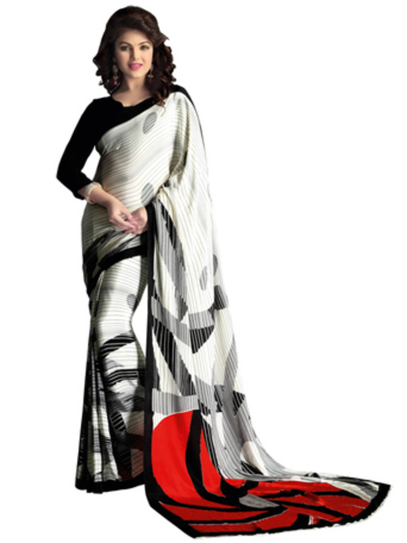 White and Black printed art crape Saree with blouse