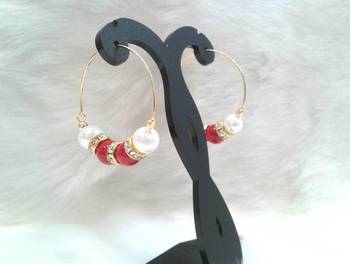 Very pretty casual wear red RUBY & PEARL beads cz hoops style earring pair 1