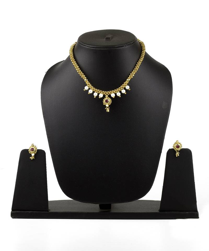Half Jhaler Moti Thushi 24K Gold Plated Alloy Necklace And Earring Set