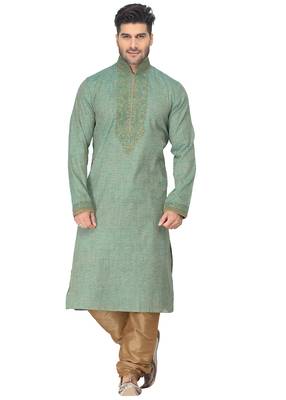 Aqua Green Kurta Set With Machine Embroidery Work On Collar N Near Neck 1