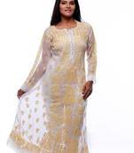 Ada Handmade Casual Large White Faux Georgette Lakhnavi Chikankari Long Kurti