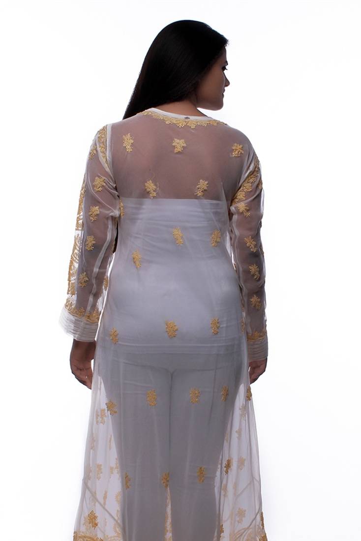 Ada Handmade Casual Large White Faux Georgette Lakhnavi Chikankari Long Kurti