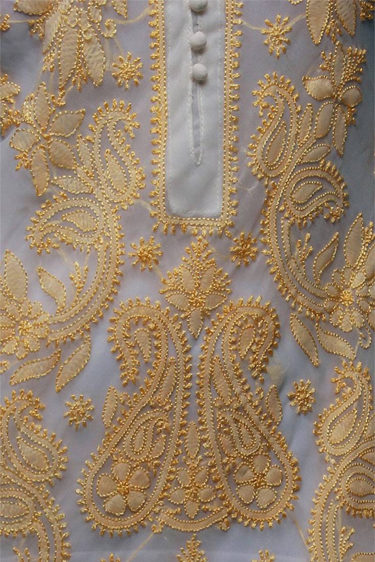Ada Handmade Casual Large White Faux Georgette Lakhnavi Chikankari Long Kurti