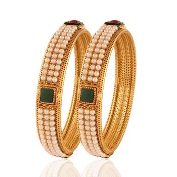 Gold Plated Maroon Green & Pearl Antique Bangles 1