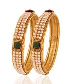 Gold Plated Maroon Green & Pearl Antique Bangles