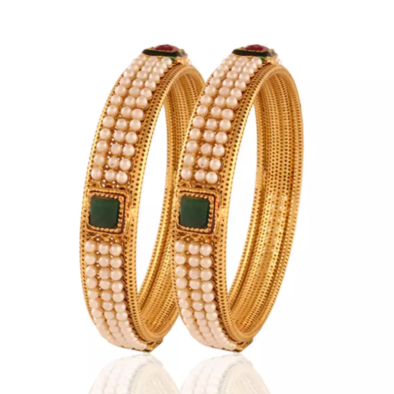 Gold Plated Maroon Green & Pearl Antique Bangles