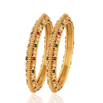 Gold Plated Maroon Green White Stone Wedding Bangles 1