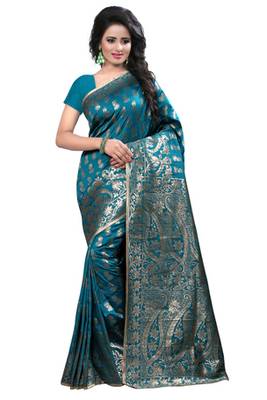 Turquoise plain Banarasi Silk saree with blouse 1