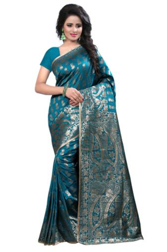 Turquoise plain Banarasi Silk saree with blouse
