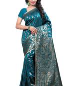 Turquoise plain Banarasi Silk saree with blouse