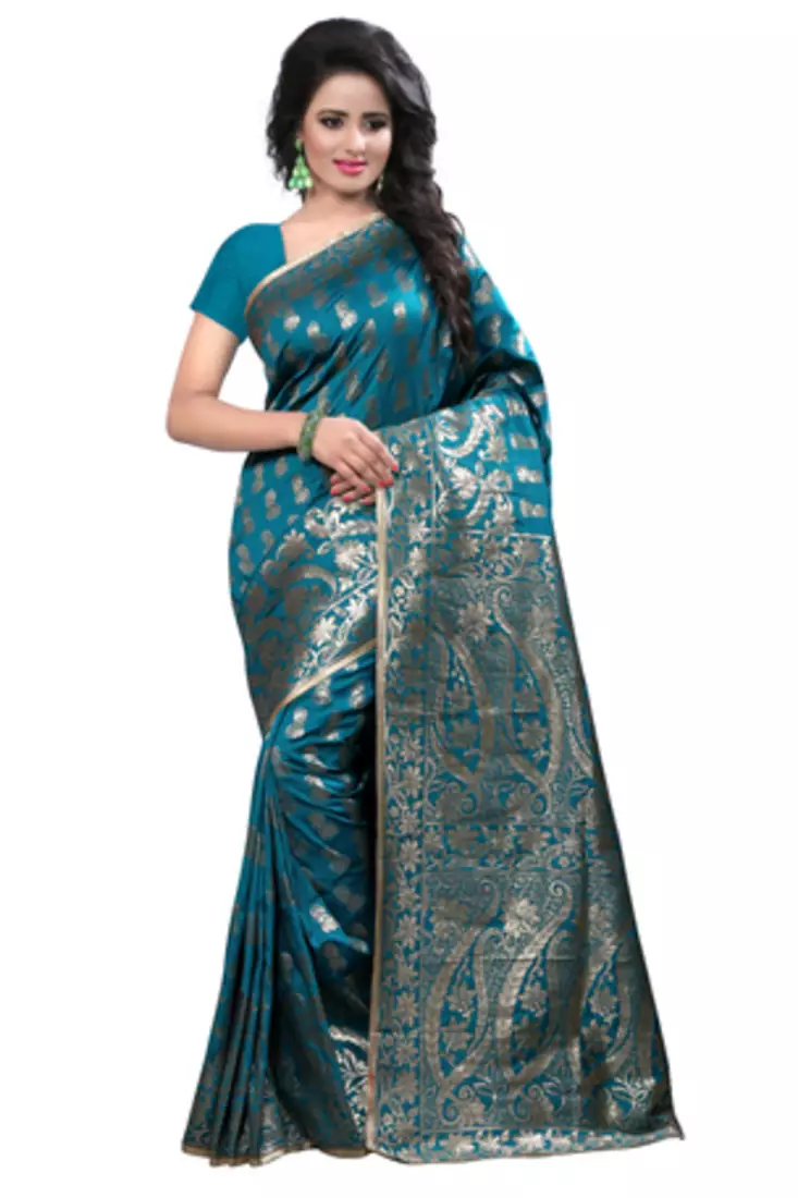 Turquoise plain Banarasi Silk saree with blouse